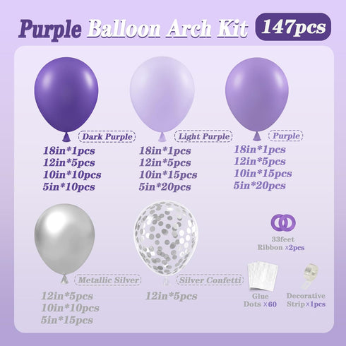 147pcs Purple Balloon Garland Arch Kit, Different Sizes with Dark Purple Light Purple Metallic Silver Confetti Lavender