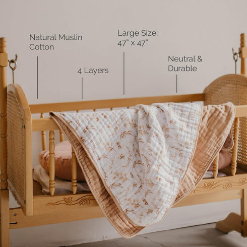Parker Baby Muslin Blanket, 100% Soft Cotton Kids Reversible Quilt - Crib, Stroller, Tummy-Time