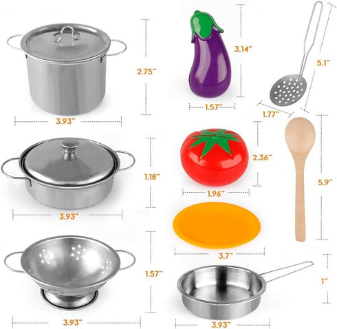 Playset D-FantiX Play Kitchen Accessories, Kids Play Pots and Pans with Mini Stainless Steel Pretend Play Cooking Toys