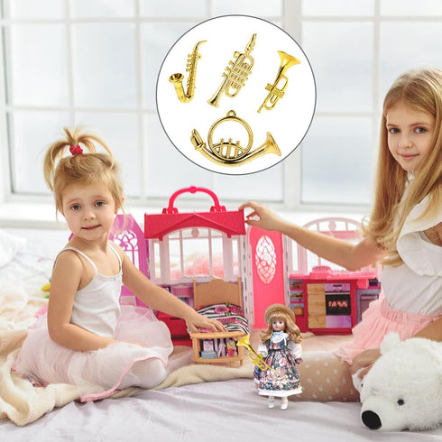 Balacoo 4Pcs Mini Plastic Musical Instrument Dollhouse Model, Gold Trumpet Saxophone Miniature Christmas Tree Decor