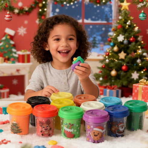 Waybla Set 12 12 2oz Christmas Modeling Dough Colors, Holiday Theme Plastic Cutters, per Cup, DIY Craft Kit for Kids