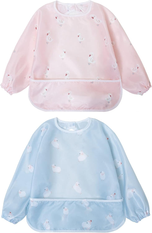 Little Dimsum Baby Bib with Pocket, Waterproof Toddler Bibs for Boys and Girls, Pack of 2 Colors