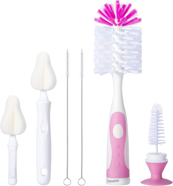 Baby Bottle Brush Set with Nipple Cleaner, 10.2" Cleaning Brush and 6.5" Sponge Brush, Pack of 5 (Pink)