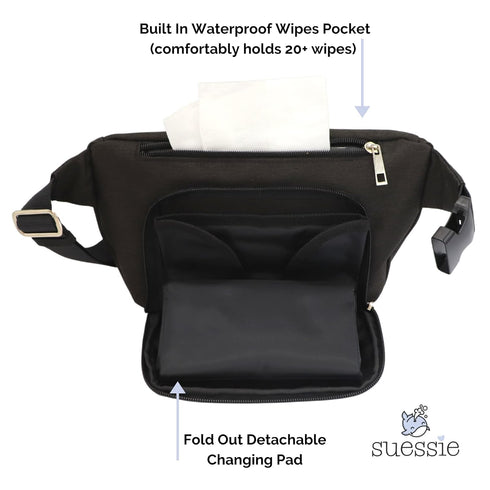 Pack Suessie Fanny Diaper Bag - with Baby Changing Pad & Waterproof Wipes Pocket - Stroller Organizer Black