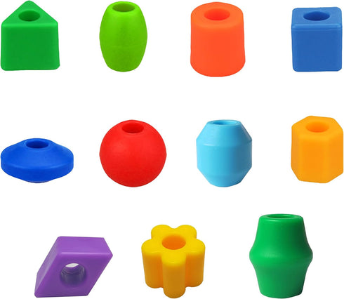 Plastic Lacing Beads for Kids (70 pcs) - Fun Shapes, Long String, Brilliant Colors, Educational Fine Motor Toys