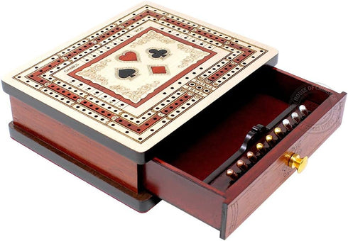 3 Track Non-Continuous Travel Cribbage Board - 60 Points, Maple/Bloodwood Inlaid, 6" x 5" with Storage Drawer