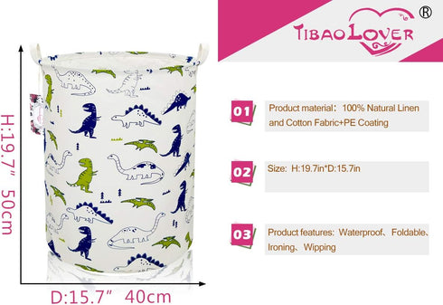Dinosaur Laundry Basket Hamper - Cute Kids Toy Storage Bin with Handles for Boys and Girls Dinosaur Room Decor