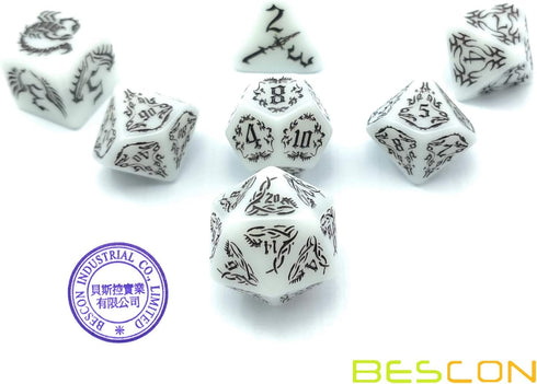 BESCON DARK ELVES Glowing Dice Set (7 piece), Oversized GLOW in DARK Carved RPG Dice Set