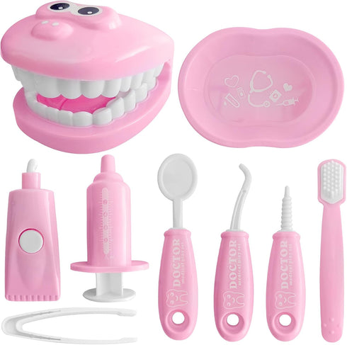 9-Piece Dental Pretend Play Set, Educational Dentist Kit with Teeth Model, Toothbrush, Dental Mirror, Syringe,