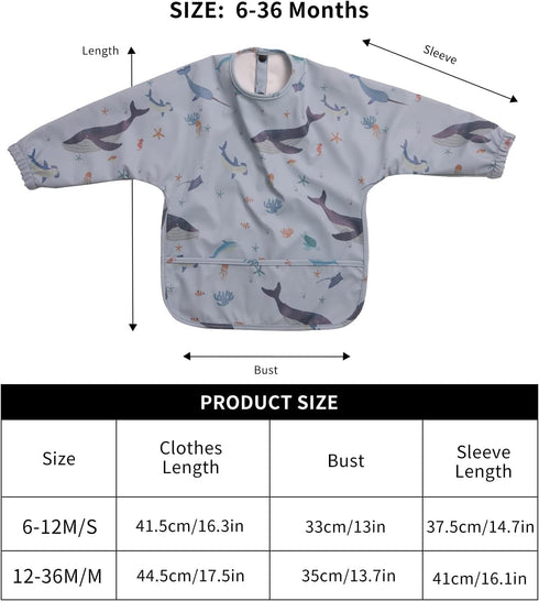 Waterproof Long Sleeve Bibs for Toddlers - Smock with Food Catcher Pocket for Easy Feeding