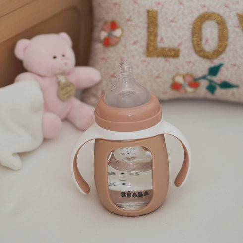 Baba 2-in-1 7 oz BEABA Glass Baby Bottle to Glass Transition Sippy Cup, Spill Proof Sippy Cup, Toddler Baby Bottle
