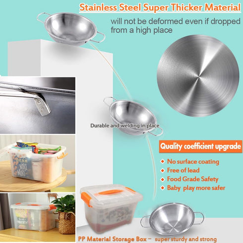 Tiny Size Kitchen Pretend Play Toys - Super Deluxe Stainless Steel Pots & Pans Play Kit with Storage Box for Toddlers
