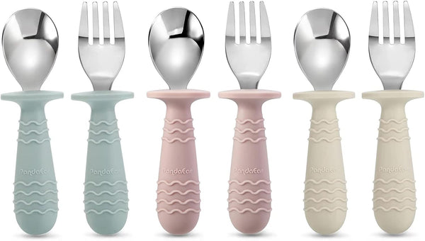 PandaEar 6 Pieces Baby Toddler Silicone Stainless Steel Utensils, BPA Free with Anti-Choke Design