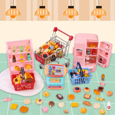 DULEFUN 143pcs Mini Shopping Cart Basket Miniature Food Drink Bottle Toys, Supermarket Shelve Metal Handcart Cash