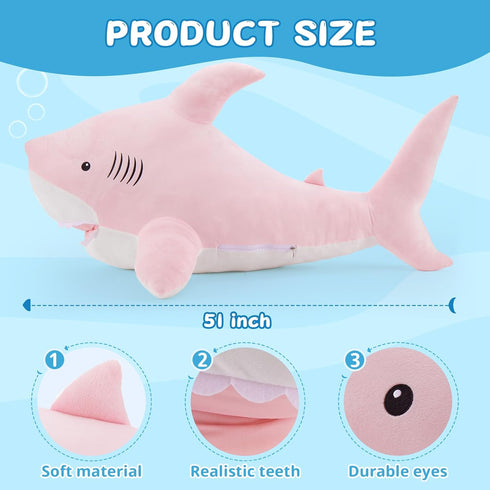51inch MorisMos Giant Shark Stuffed Animal, Large Shark Plush Toy Pillow Gift for Kids, Girlfriend, Pink