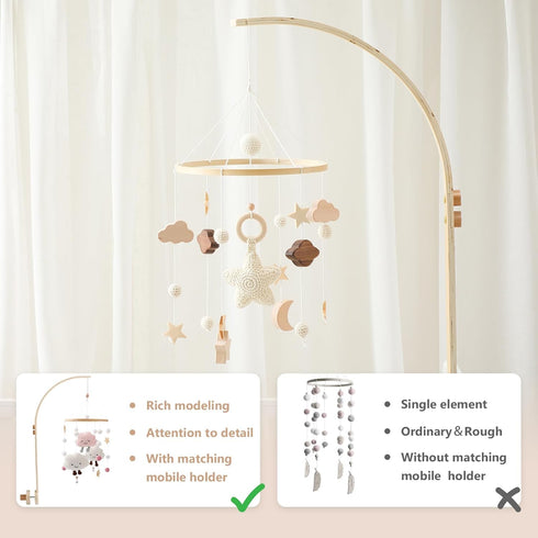 Set let's make Baby Crib Mobile with Arm Boho Star Moon Nursery Mobile Wooden Baby Mobile Holder for Hanging Nursery