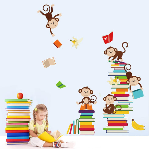 decalmile Monkey Wall Decals, Animals Reading Books Stickers for Baby Nursery Kids Bedroom Classroom Wall Decor