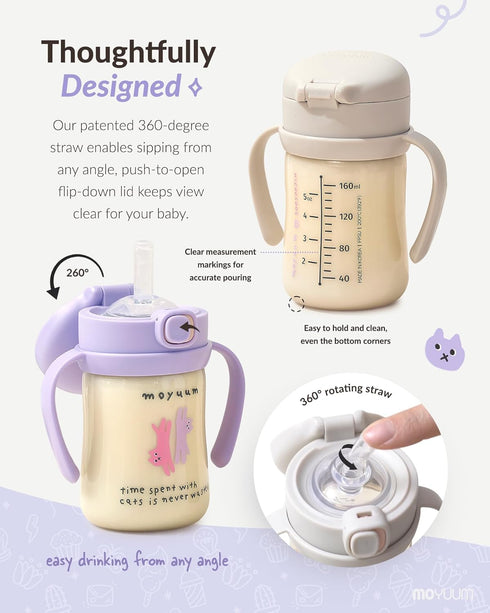 100% 9oz MOYUUM Leak Proof Sippy Cup with Handle | Made in Korea, BPA Free PPSU, Magic No Spill Straw Cup with Attached