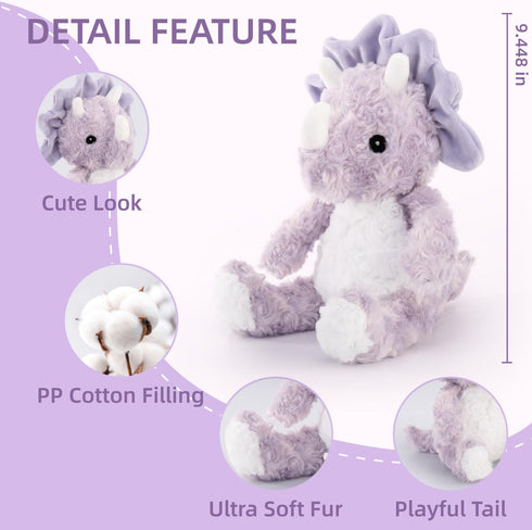 Cute Purple Dinosaur Stuffed Animals for Girls, Cuddly Plush Toy for Kids, Huggable Triceratops Birthday Gifts