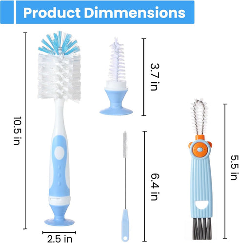 4-in-1 Baby Bottle Brush Set, BPA-Free Bottle Cleaner Brush Set, Includes Nylon Bottle Brush, Cap, Straw, Nipple Brush