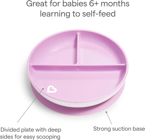 Munchkin Stay Put Suction Plates - 3 Divided Sections for Baby and Toddler, Pink/Purple