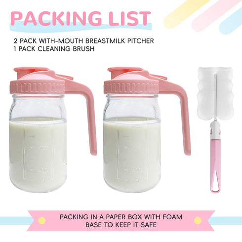 Riznpo 2 PACK 32OZ Breast Milk Pitcher Glass Breastmilk Pitcher with Lids Leak-proof Wide-mouth Mason Jar