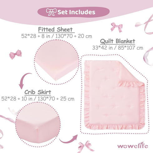 Set, 3-Piece Set Set Girl Crib Bedding Crib Comforter for Girls, Boho Ruffle Pink Nursery Bedding Include Crib