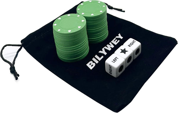 Annietfr Upgrade Left Right Center Dice Game Set, 3 Dices + 30pcs Green Poker Chips + Black Storage Tin