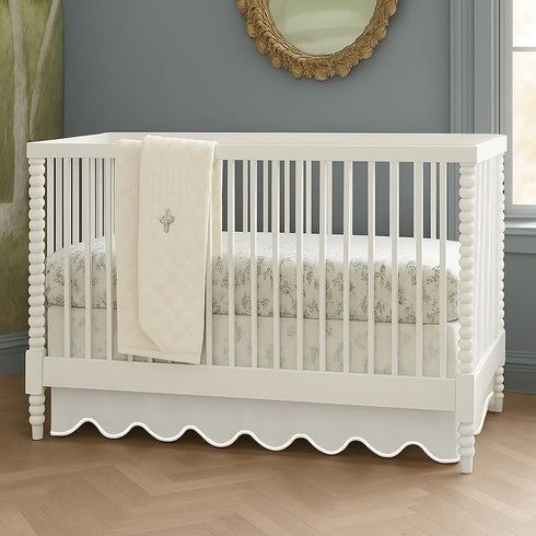 Luxurious collections White 100% Cotton Sateen Crib Skirt 28"X52"+6" Drop Scalloped Embroidery with Split