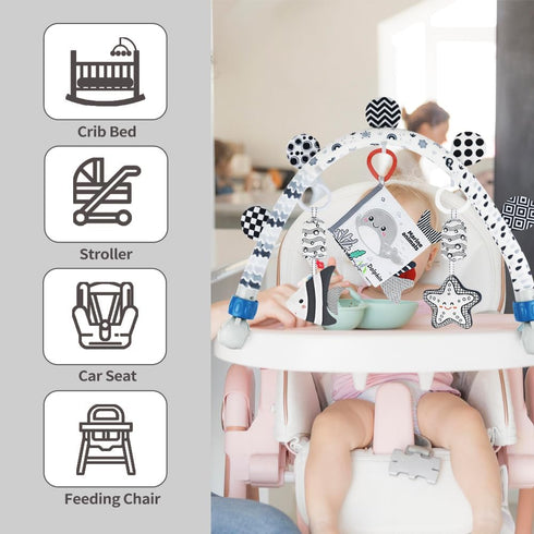 Caterbee Baby Activity Travel Mobile Arch Bassinet Toy, Black and White High-Contrast Crib Toys, with Rattle and Book