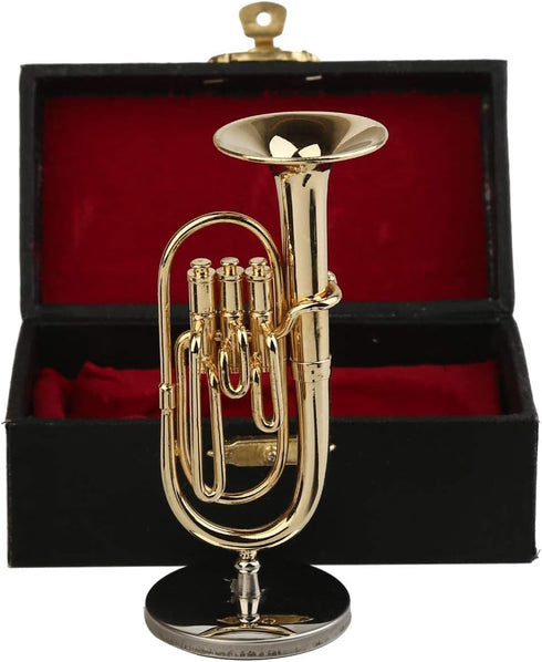 Dselvgvu Miniature Copper Baritone Horn with Stand and Case, Mini Musical Instrument for Dollhouse Decoration