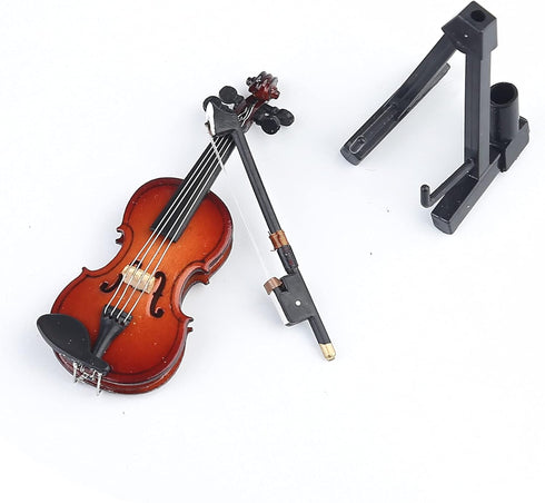 Wooden Miniature Violin with Stand, Bow, and Case, Collectible Musical Instrument Replica, 3.15"x1.18"x0.59"