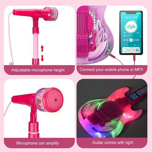 Set TAKIHON Guitar and Microphone for Kids,Guitar Toys with Music&Colorful Light,Adjustable Height Microphone