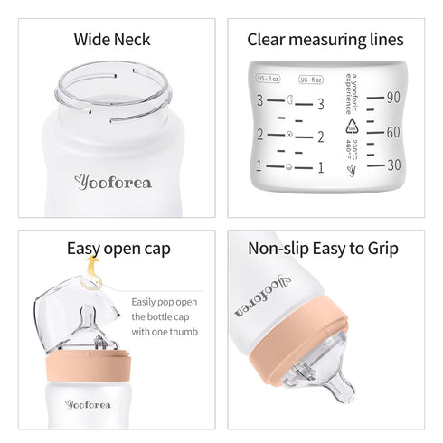 0M+ (2 Pack, 3 Yooforea Silicone Coated Glass Baby Bottle, Slow Flow Nipple I Anti-Colic, Wide Neck, Stable Base I