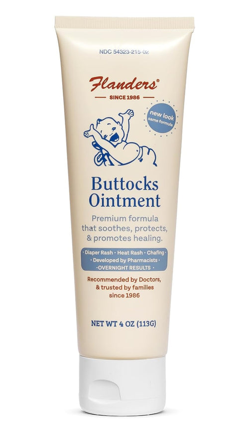 Flanders Buttocks Ointment Zinc Oxide Diaper Rash Cream, 4oz Tube, Thick Barrier