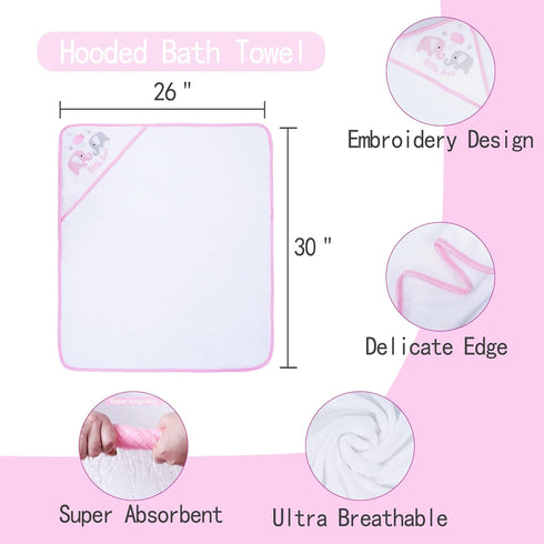 Set, 5 (6 Viviland Baby Towels and Washcloths, Soft Absorbent Pink Baby Bath Towel Elephant Hooded Towels with Infant