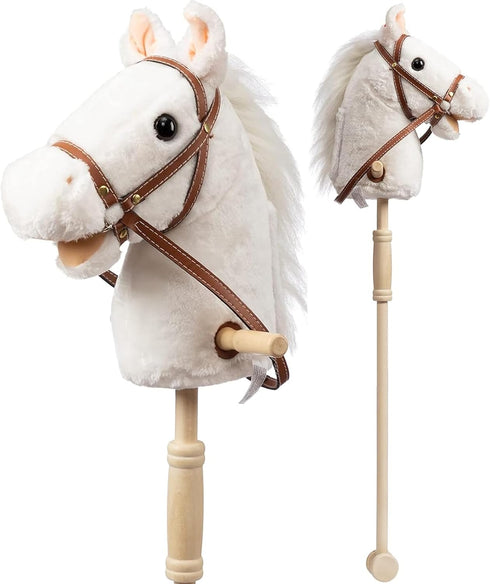HollyHOME Stick Horse Plush Handcrafted Hobby Horse with Wood Wheels, Neighing and Galloping Sounds, White, 36 Inches