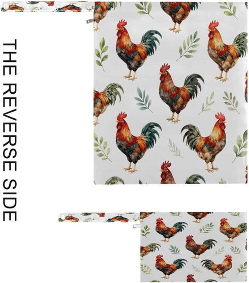Haskirky 2 Watercolor Roosters Pcs Cloth Diaper Wet Dry Bags,Waterproof and Washable Bag for Travel Reusable Wet Bag