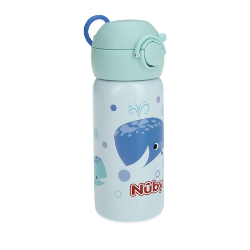 14 Oz 18+ Nuby Thirsty Kids No Spill Flip-It Active Stainless Steel Travel Cup or Water Bottle - - Months - Mint Whale