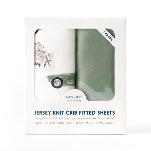 GRSSDER 2 Pack Stretchy Ultra Soft Jersey Knit Fitted Crib Sheets, Universal Fit for Standard Crib Mattress, Cartoon