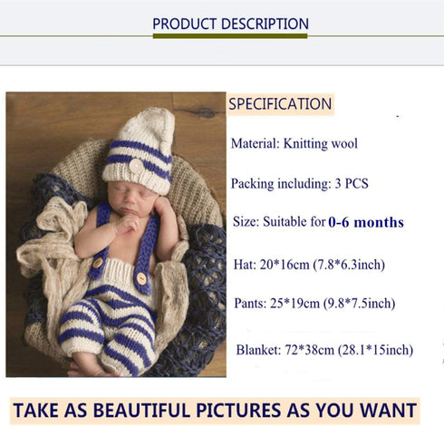3 PCS Newborn Photography Prop Baby Hat Knitted Handmade Cover Diaper with Toddler Swaddle Blankets Wraps for Infant Boy Girl Princess Twins