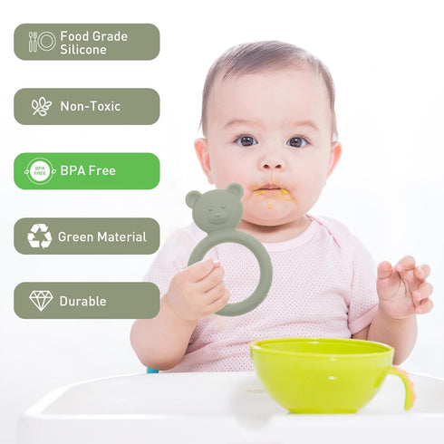Silicone Baby Teether: Easy to Hold Teething Toy Ring for Babies, BPA Free (Sand + Light Grey)
