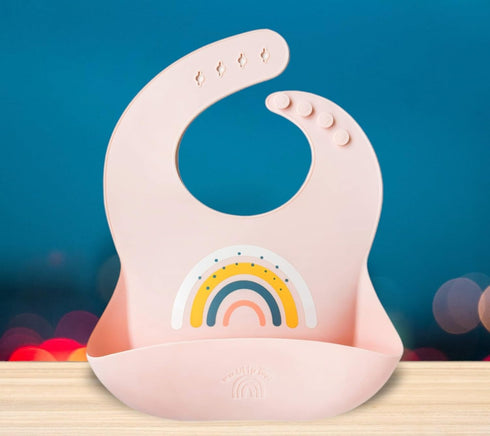 Silicone Rainbow Baby Bibs & Suction Bowl Set - BPA-Free Adjustable Bib with Food Catcher + Premium Utensils (Pink)