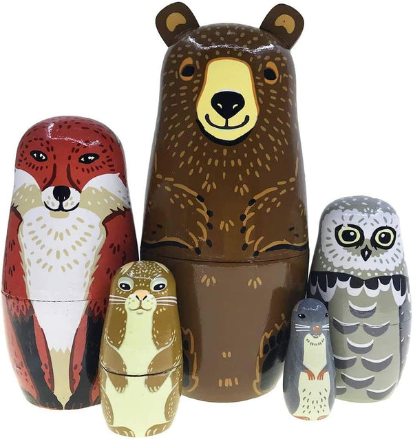 Kakeah Nesting Dolls-Brown Cartoon Owl Bear Fox Raccoon Russian Nesting Dolls Wooden Matryoshka