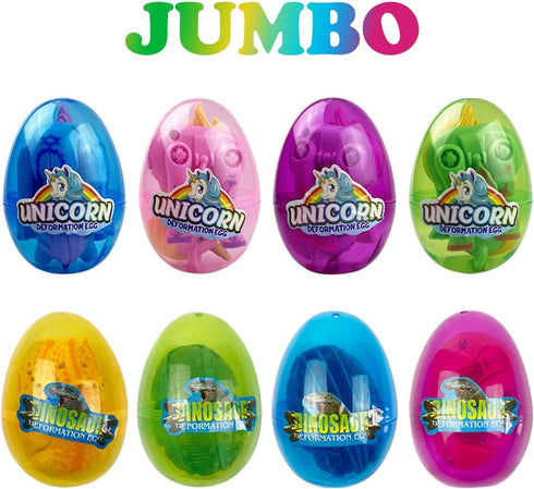 Anditoy 8 Pack Jumbo Unicorn & Dinosaur Deformation Eggs Prefilled Plastic Easter Eggs with Toys Inside for Kids Boys