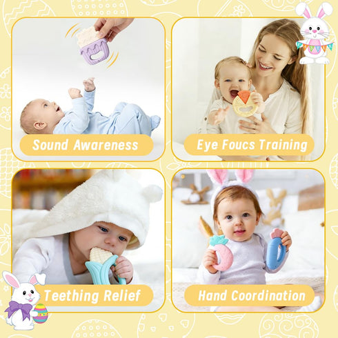 8PCS 3+ DIYDEC Prefilled with Easter Eggs Teething Toys, Baby Rattles Teether Toys Party Favors for Kids Silicone