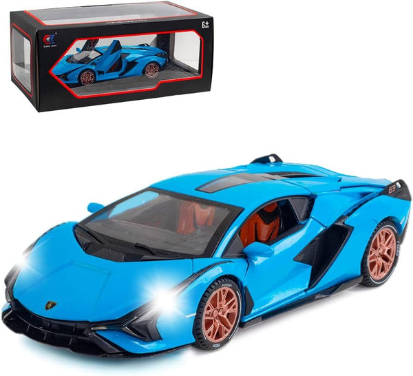 1/24 Diecast Car Toys for Kids - Zinc Alloy Lambo Sian FKP 37 Model Toy Car with Light and Sound (Blue)