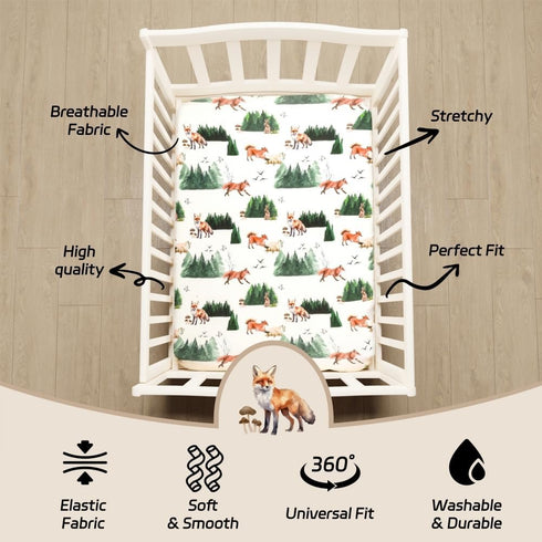 4 Pack N Play Sheets Woodland Forest Animals, Fitted Baby Sheets for Standard Pack and Plays and Mini Cribs