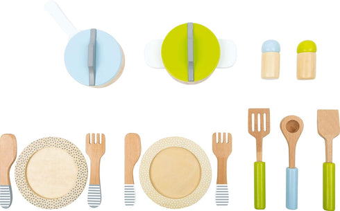15 Playset- Set 2+, (11098) small foot wooden toys- Premium Piece Kitchen Cooking and Dining Includes Pots, Plates