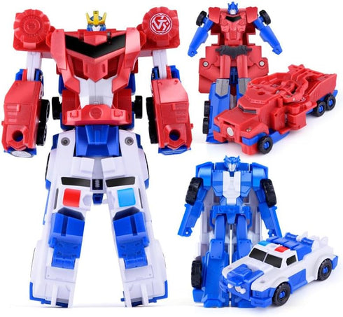 2-in-1 3+ Magnetic Robot Police Car & Fire Truck Transforming Toy - ABS Safe Magnetic Snap-On Action Figure for Kids